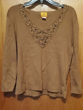 Ruby Rd. Rust Brown Studded V-Neck Long Sleeve Top